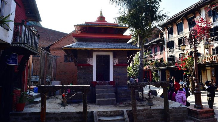 Ganesh Temple surrounded by traditional buildings in Bandipur Bazaar.