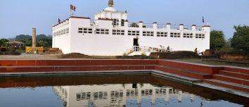 Maya Devi Temple and its reflection in a pool at Lumbini.
