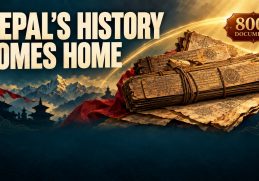 Illustrated golden manuscript bundles against a teal Himalayan-inspired backdrop, with the words Nepal’s History Comes Home and 800+ Documents.
