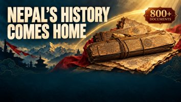 Illustrated golden manuscript bundles against a teal Himalayan-inspired backdrop, with the words Nepal’s History Comes Home and 800+ Documents.