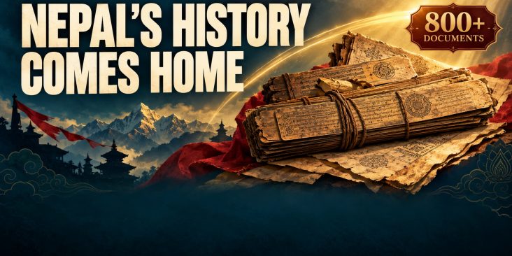 Illustrated golden manuscript bundles against a teal Himalayan-inspired backdrop, with the words Nepal’s History Comes Home and 800+ Documents.