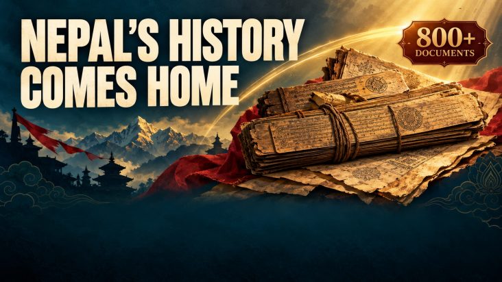 Illustrated golden manuscript bundles against a teal Himalayan-inspired backdrop, with the words Nepal’s History Comes Home and 800+ Documents.