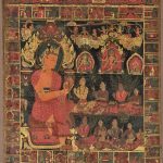 Historical Nepali paubha painting with a seated Buddha and surrounding figures.