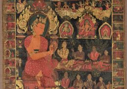Historical Nepali paubha painting with a seated Buddha and surrounding figures.