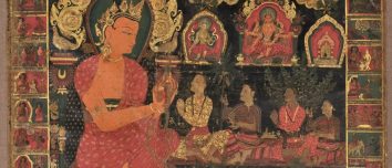 Historical Nepali paubha painting with a seated Buddha and surrounding figures.