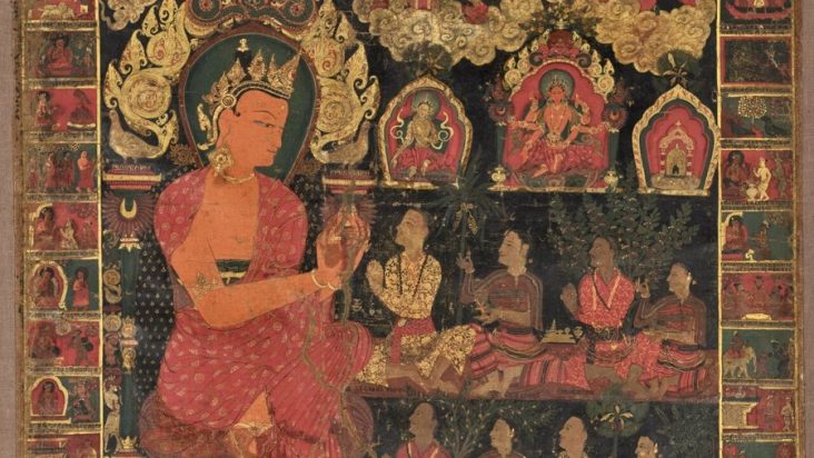 Historical Nepali paubha painting with a seated Buddha and surrounding figures.
