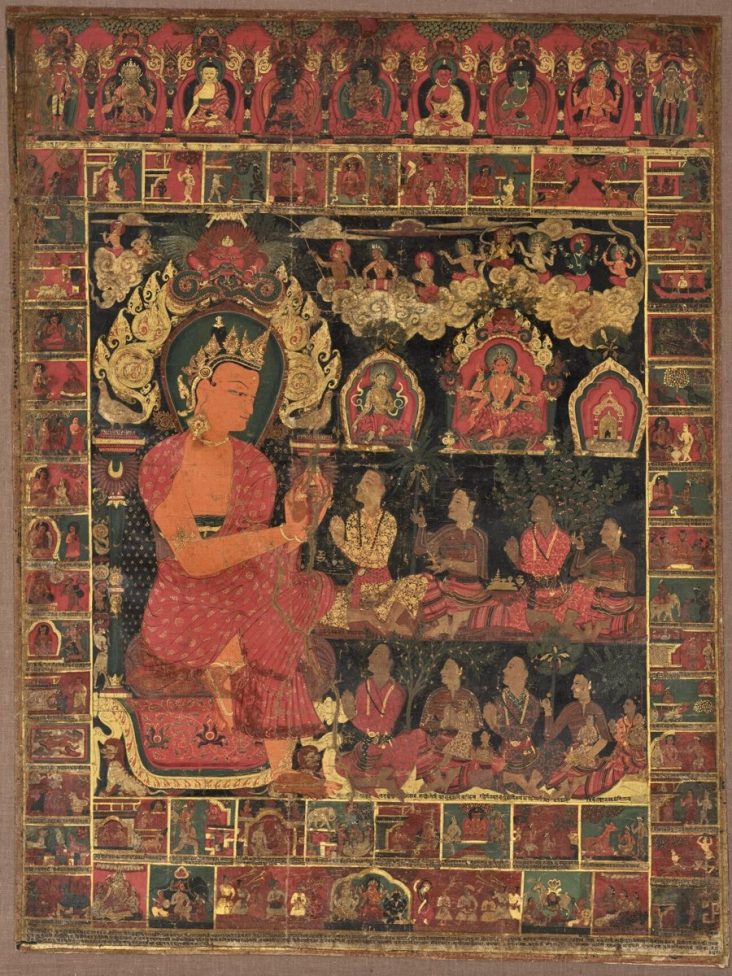 Historical Nepali paubha painting with a seated Buddha and surrounding figures.