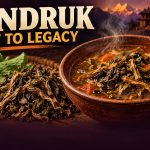 Illustrated bowl of fermented leafy gundruk with fresh mustard greens and dried leaves, under the headline Gundruk: Leaf to Legacy.