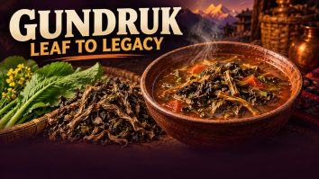 Illustrated bowl of fermented leafy gundruk with fresh mustard greens and dried leaves, under the headline Gundruk: Leaf to Legacy.