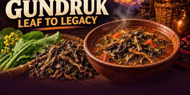 Illustrated bowl of fermented leafy gundruk with fresh mustard greens and dried leaves, under the headline Gundruk: Leaf to Legacy.