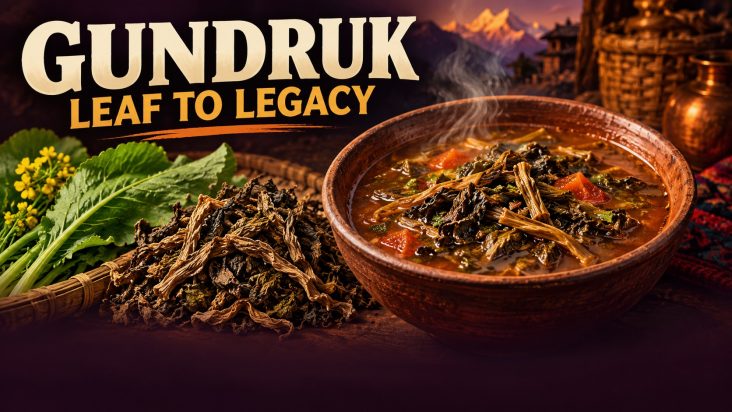 Illustrated bowl of fermented leafy gundruk with fresh mustard greens and dried leaves, under the headline Gundruk: Leaf to Legacy.