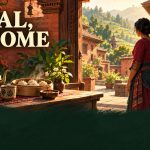 Conceptual illustration of a welcoming woman at a carved wooden doorway, with tea, dumplings and a brick courtyard; text reads Nepal, At Home and Panauti.