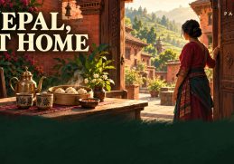 Conceptual illustration of a welcoming woman at a carved wooden doorway, with tea, dumplings and a brick courtyard; text reads Nepal, At Home and Panauti.