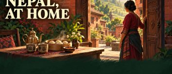 Conceptual illustration of a welcoming woman at a carved wooden doorway, with tea, dumplings and a brick courtyard; text reads Nepal, At Home and Panauti.