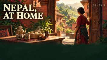 Conceptual illustration of a welcoming woman at a carved wooden doorway, with tea, dumplings and a brick courtyard; text reads Nepal, At Home and Panauti.
