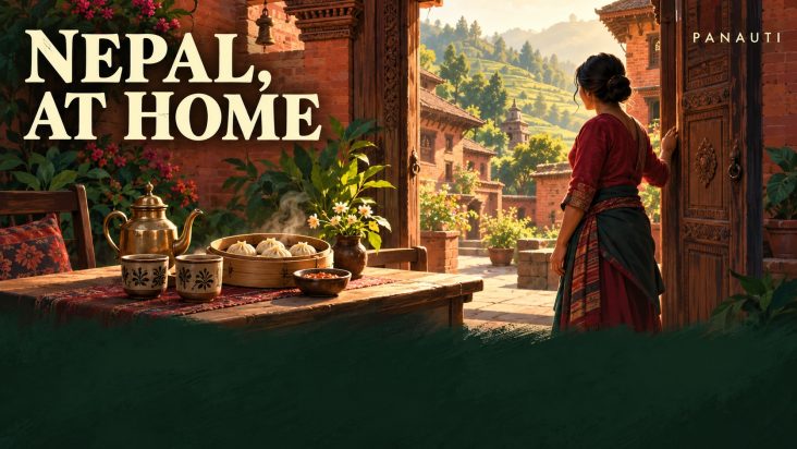 Conceptual illustration of a welcoming woman at a carved wooden doorway, with tea, dumplings and a brick courtyard; text reads Nepal, At Home and Panauti.