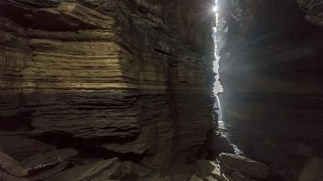 Layered rock surfaces inside Gupteshwor Cave in Pokhara.