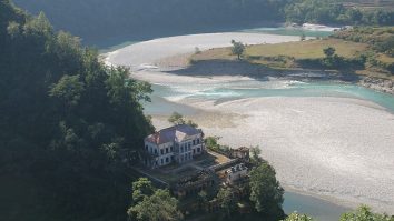 Rani Mahal palace beside a bend in the Kali Gandaki river.