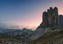 Tre Cime mountain peaks at sunset in Italy’s Dolomites.