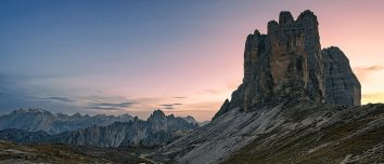 Tre Cime mountain peaks at sunset in Italy’s Dolomites.