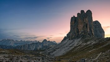 Tre Cime mountain peaks at sunset in Italy’s Dolomites.