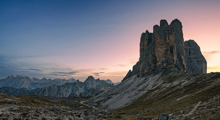 Tre Cime mountain peaks at sunset in Italy’s Dolomites.