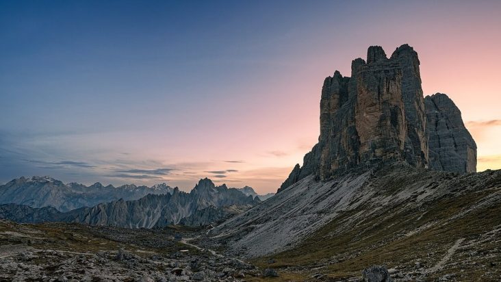Tre Cime mountain peaks at sunset in Italy’s Dolomites.